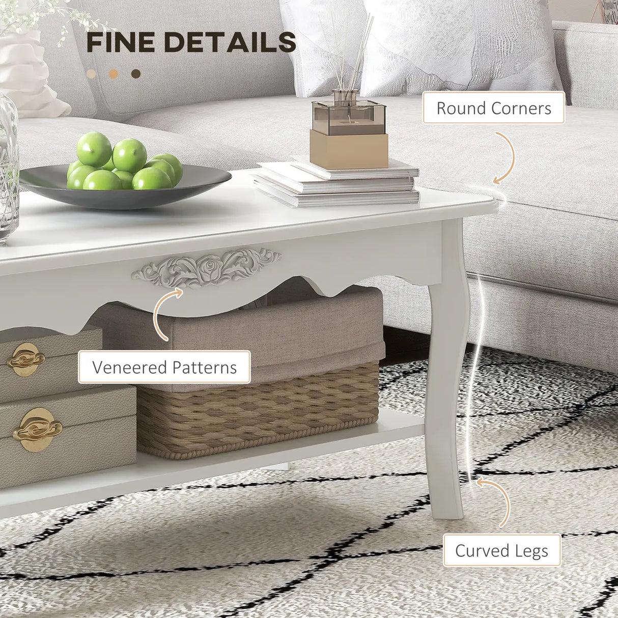 HOMCOM White Coffee Table Wood Cocktail Tea Centre Table with Storage Shelf for Living Room Reception Room, 94L x 44W x 42H cm