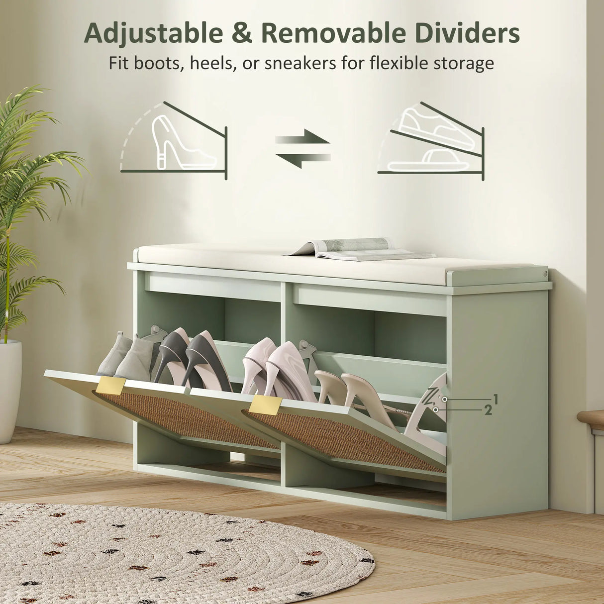 HOMCOM Boho Shoe Bench with Padded Seat and 2 Flip-Drawers - Light Green