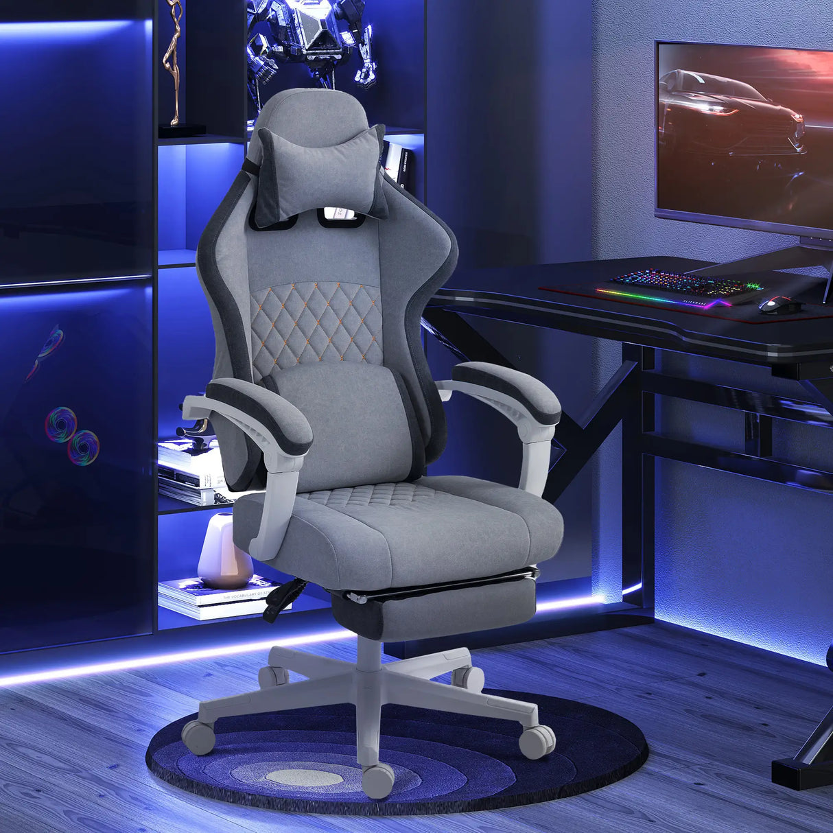 HOMCOM Ergonomic High Back Gaming Chair for Adults, Printed Velvet Computer Recliner Chair with Footrest, Lumbar Support, Adjustable Height and 360 Swivel Seat for Office or Gaming, Grey