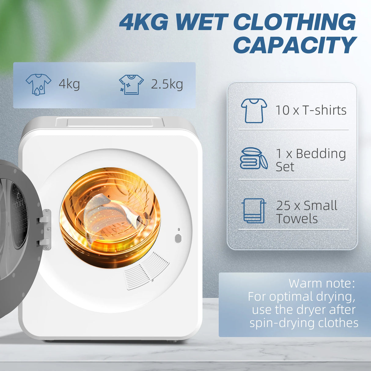 HOMCOM 4kg Vented Tumble Dryer, 800W Compact Freestanding Front Tumble Dryer with Stainless Steel Tub and Customisable Timer, Wall-Mounted Portable Small Clothes Drying Machine, White