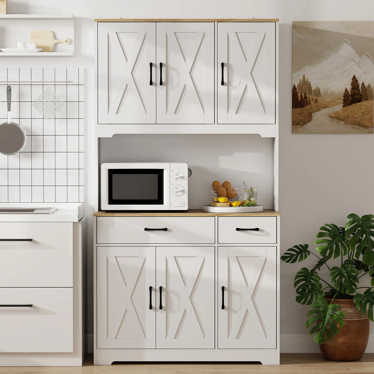 HOMCOM 175 cm Tall Kitchen Pantry Cabinet with Microwave Stand, Freestanding Pantry Cupboard, White