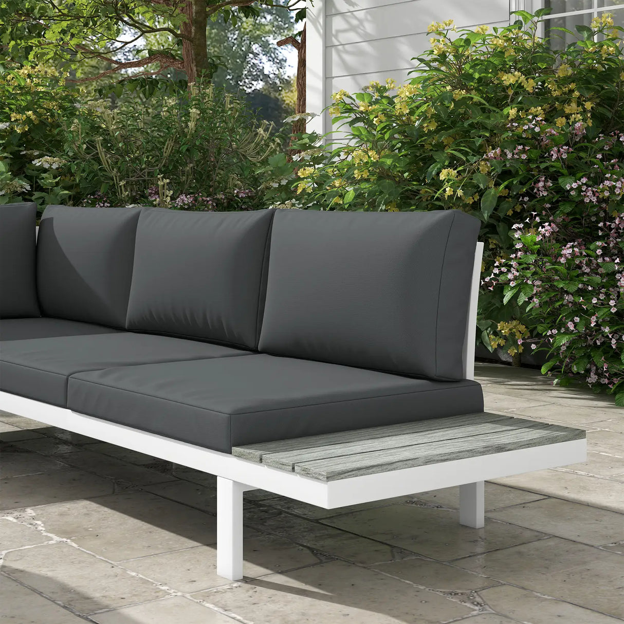 Outsunny 4 Pieces Garden Furniture Set, 5-Level Reclining Garden Corner Sofa Set, Outdoor Lounge Conversation Sectional with Cushions, Wood Effect Plastic Table, White Frame & Grey Cushion