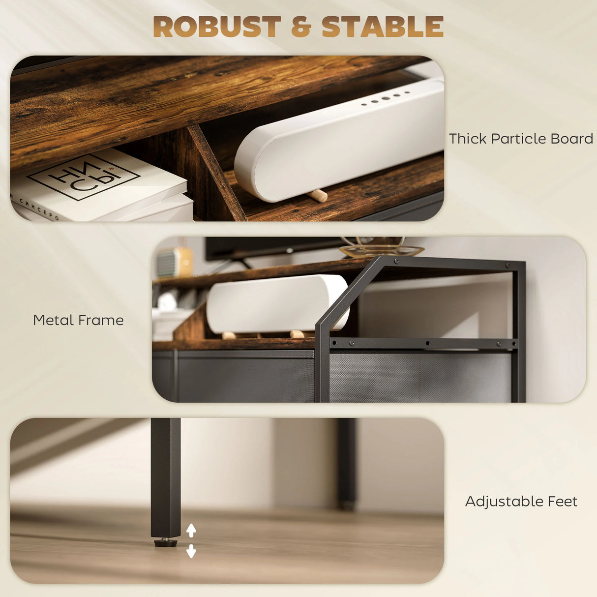 HOMCOM TV Stand Cabinet, TV Unit for 55-inch TVs with 2 Foldable Fabric Drawers, 5 Divided Side Pockets, Open Shelves, Console Table for Living Room, Bedroom, Entertainment Room, Rustic Brown