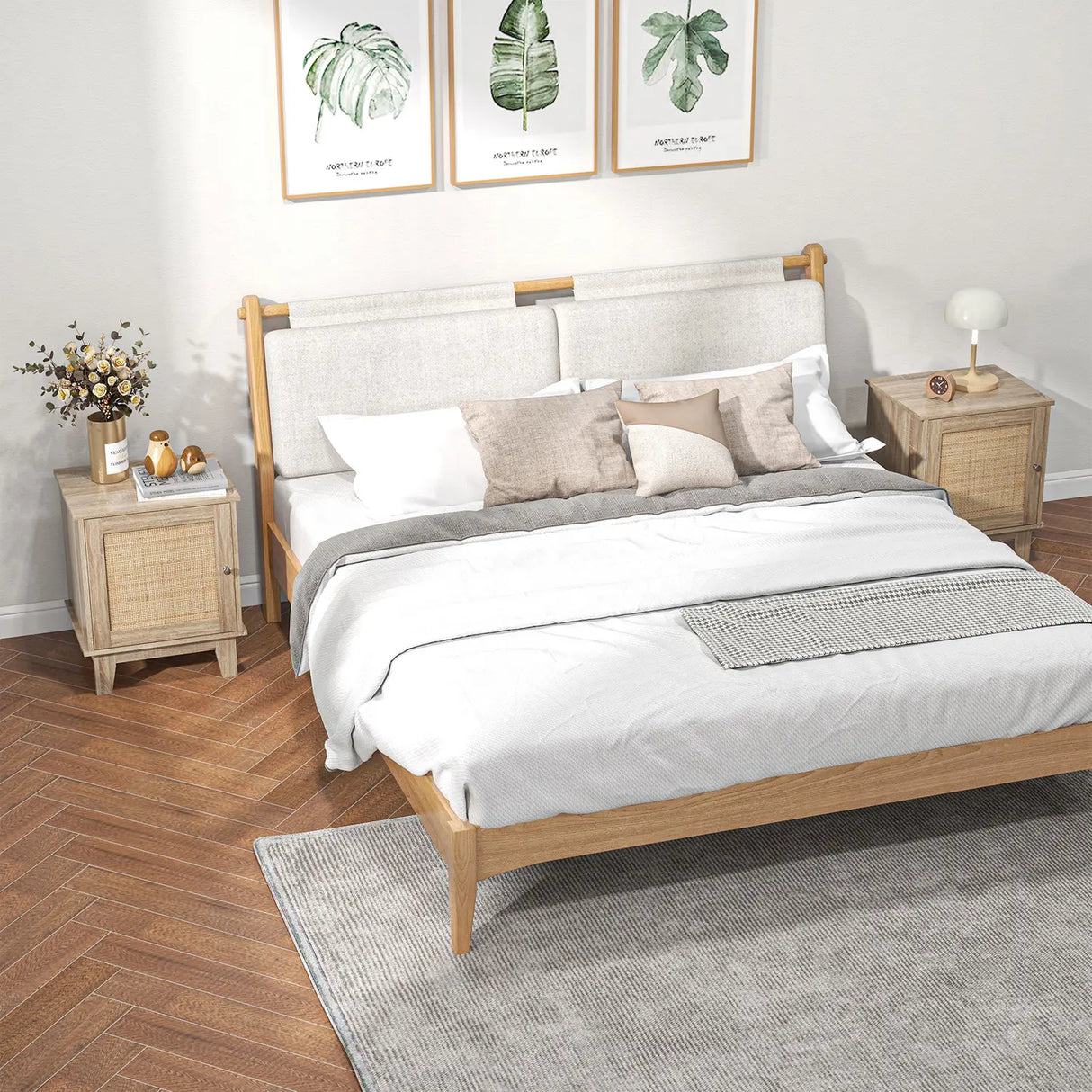 HOMCOM Bedside Table, Bedside Cabinet with Storage Cupboard, Side End Table with Rattan Element for Living Room, Bedroom, Set of 2, Natural