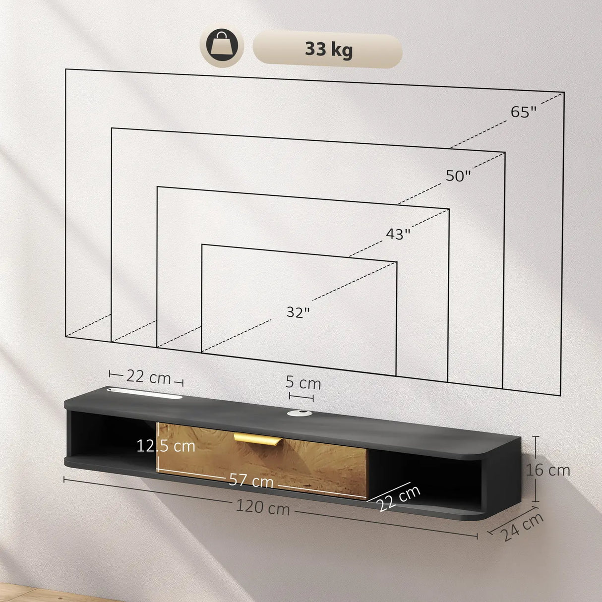 HOMCOM 120 cm Floating TV Stand with Storage - Charcoal Grey