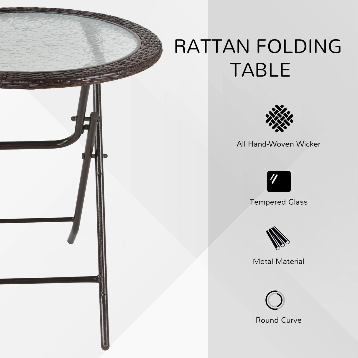 Outsunny Folding Rattan Garden Dining Table, 68 cm Round Rattan Garden Table with Water Ripple Tempered Glass Top, Wicker Edging and Steel Frame for Outdoor, Patio, Brown