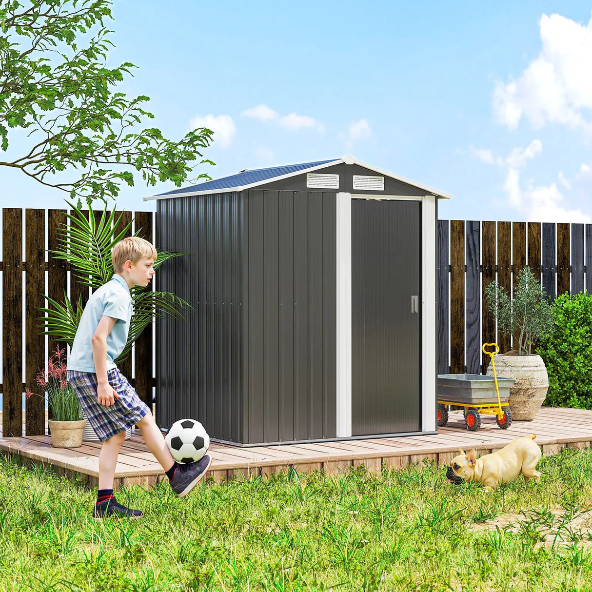 Outsunny Garden Metal Tool Storage Shed with Sliding Door, Sloped Roof and Foundation Kit, 152 x 132 x 188cm, Grey