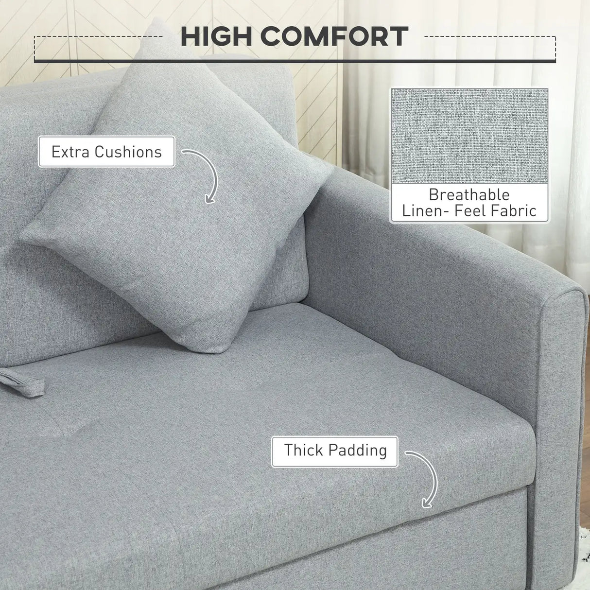 HOMCOM 2 Seater Sofa Bed with Hidden Storage, Pull Out Convertible Bed Settee, Modern Linen Loveseat Sofa Sleeper with 2 Cushions for Living Room, Guest Room, Light Grey