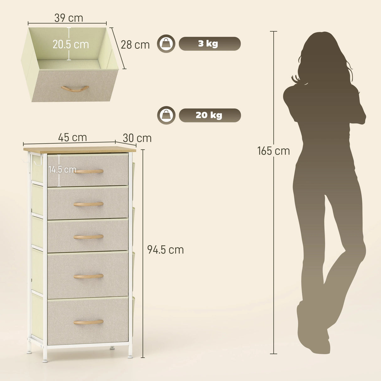 HOMCOM Chest of Five Fabric Drawers - Beige