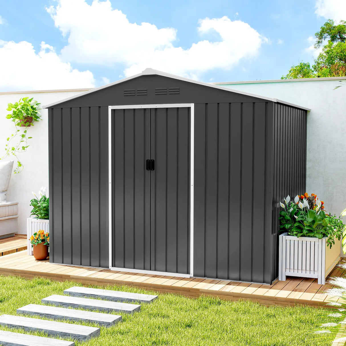 Outsunny 8 x 6ft Galvanised Steel Shed, with Double Door - Dark Grey