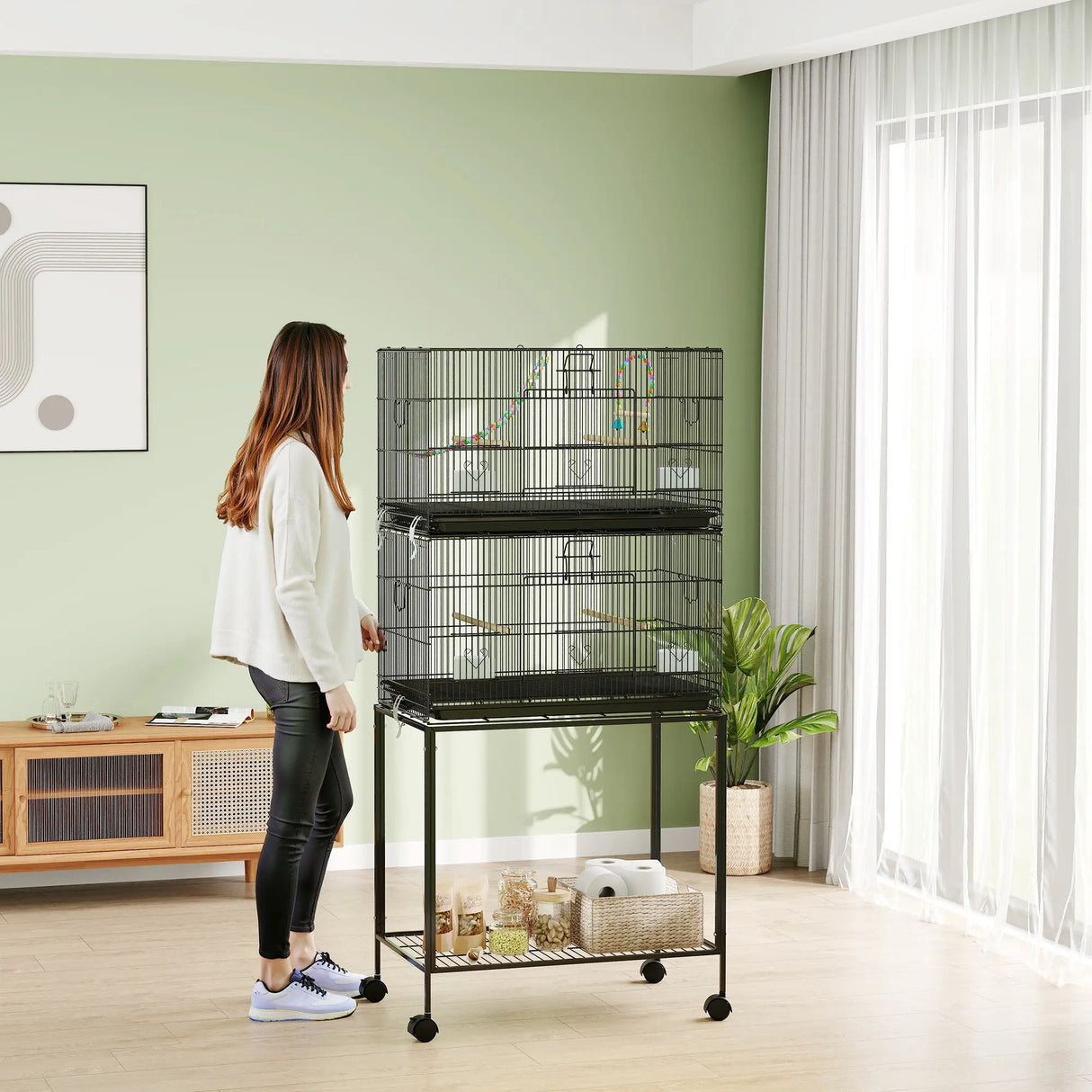PawHut Two-Tier Bird Cage on Wheels, with Stand, for Small Birds