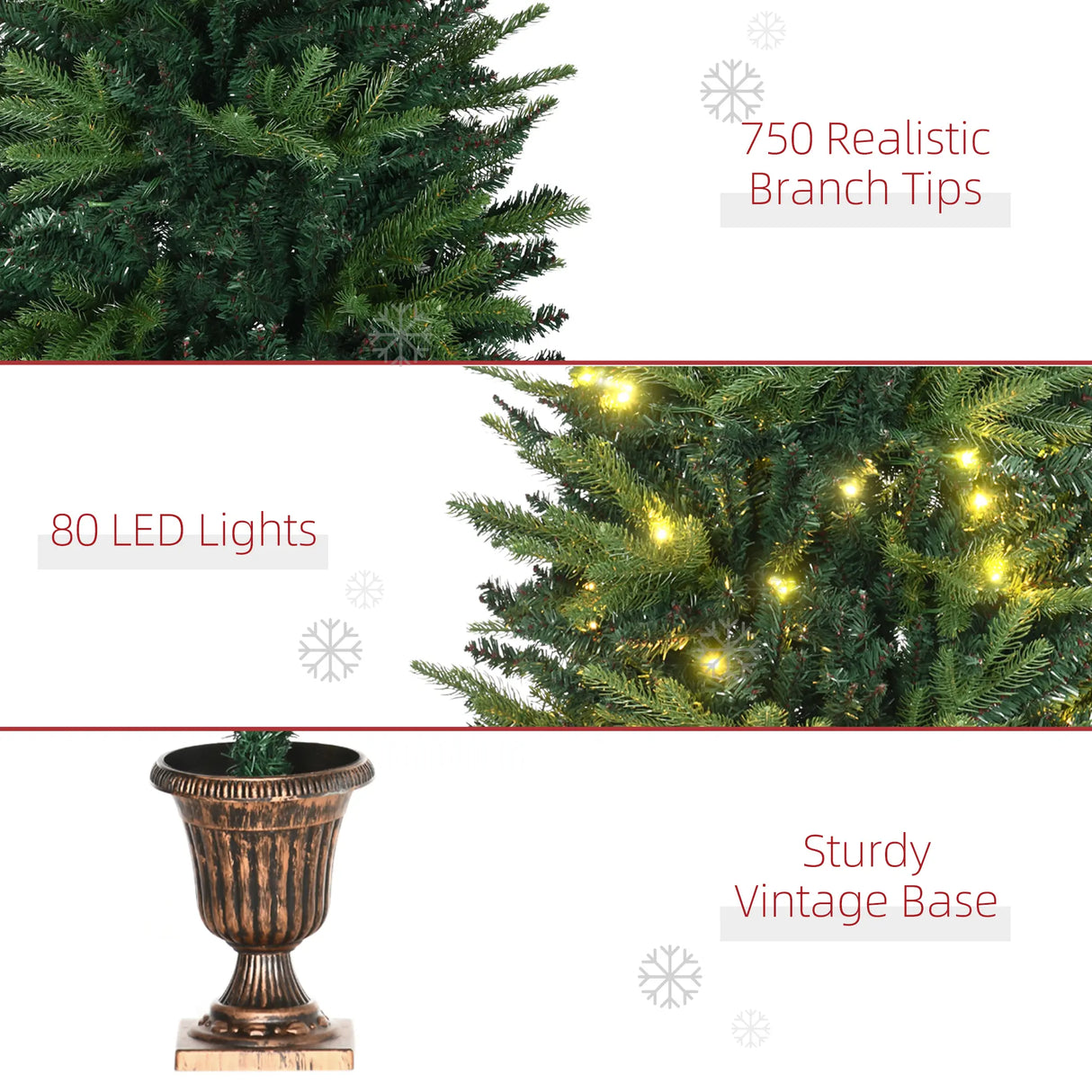 HOMCOM 1.2m 4ft Christmas Tree Entrance Dcor 750 Tips Xmas Pre-lit Tree 80 LED with Vase Base