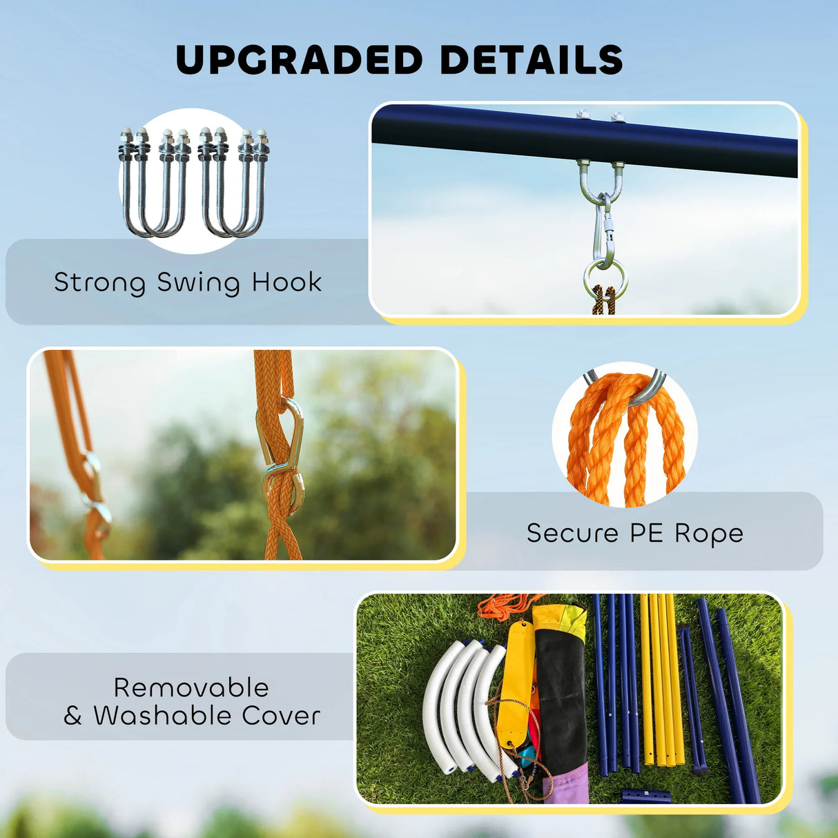 AIYAPLAY Kids Swing Set with Double Swings, Outdoor Playset with Adjustable Ropes, Metal Frame for Ages 3-8, 150kg Capacity