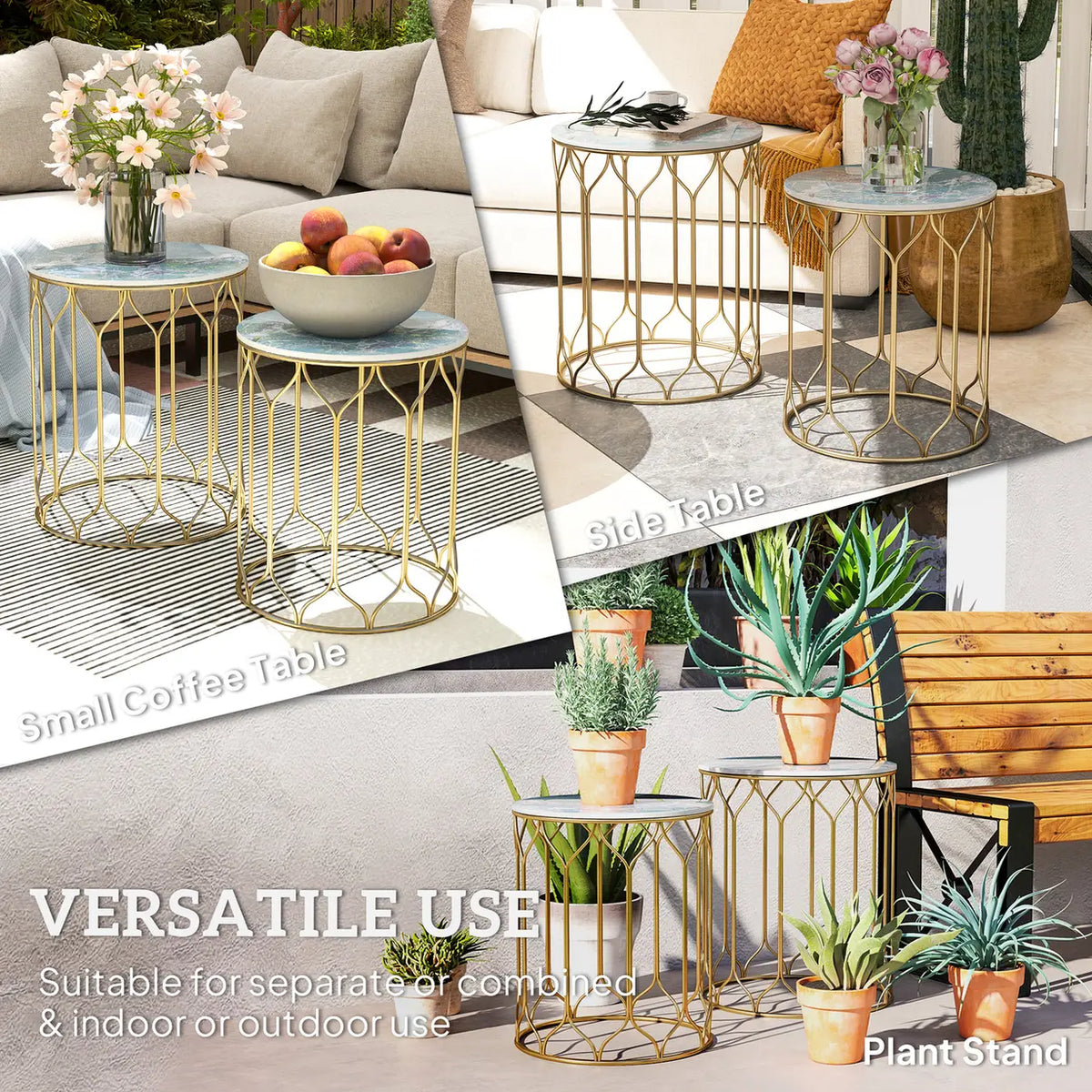 Outsunny Round Coffee Table Set of 2, Modern Nesting Tables with Ceramic Tile Top, Small End Tables, Indoor Outdoor Side Table with Metal Frame for Living Room, Bedroom, Patio, Balcony, Multicoloured