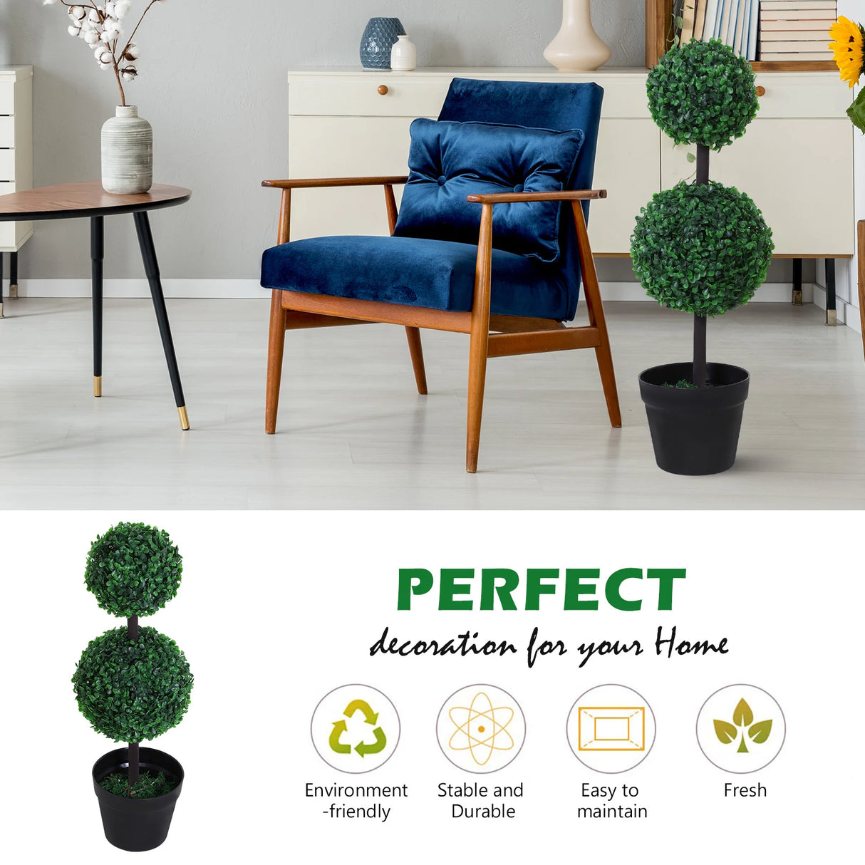 Outsunny Set of 2 Artificial Boxwood Ball Topiary Trees Potted Decorative Plant Indoor Dcor (67cm)