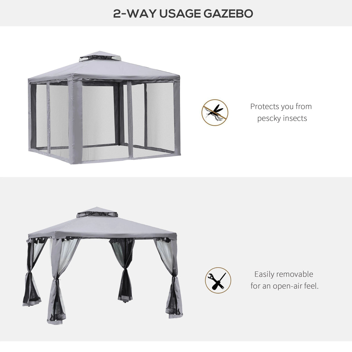Outsunny 3 x 3 m Metal Gazebo, Garden Pavillion, Double Roof Outdoor Canopy Shelter with Mesh Sidewalls, Grey