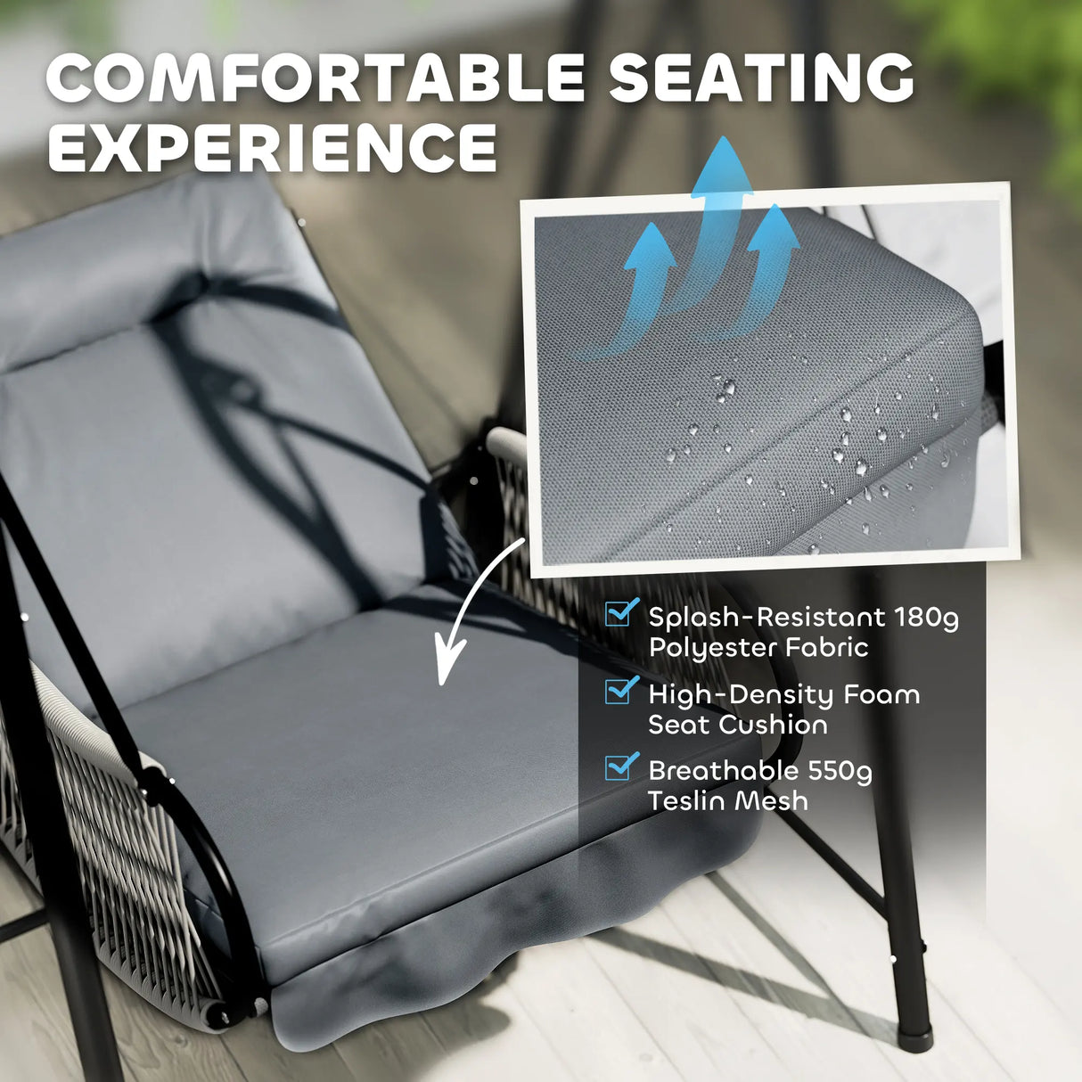 Outsunny Rattan Swing Chair, Outdoor Garden Hanging Swing Seat with Stand and Seat Cushion, Porch Hanging Chair for Balcony, Garden, Deck, Light Grey