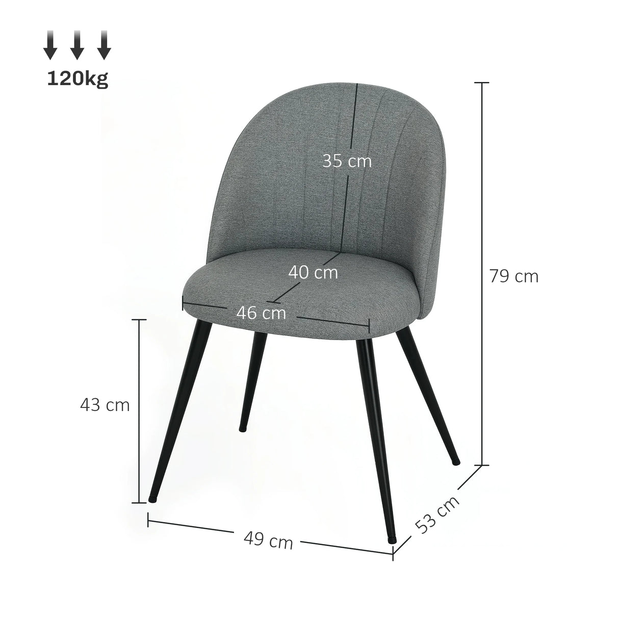 HOMCOM Dining Chairs Set of 2, Modern Upholstered Kitchen Chairs with Metal Legs, Shell Backrest and Padded Seat for Dining Room, Bedroom, Living Room, Vanity, Grey