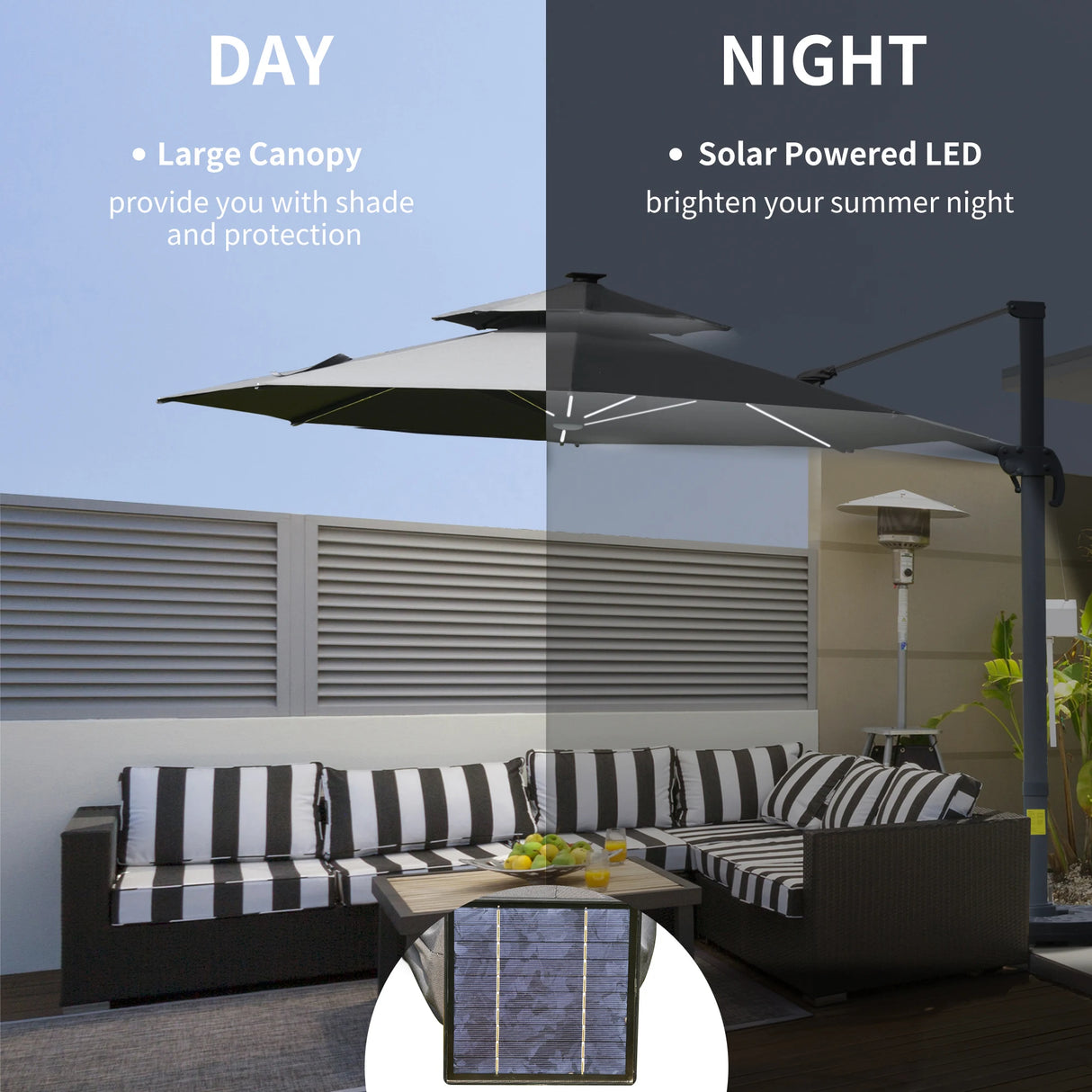 Outsunny 3m Cantilever Parasol w/ Solar Lights Power Bank Base 360 Spin Dark Grey