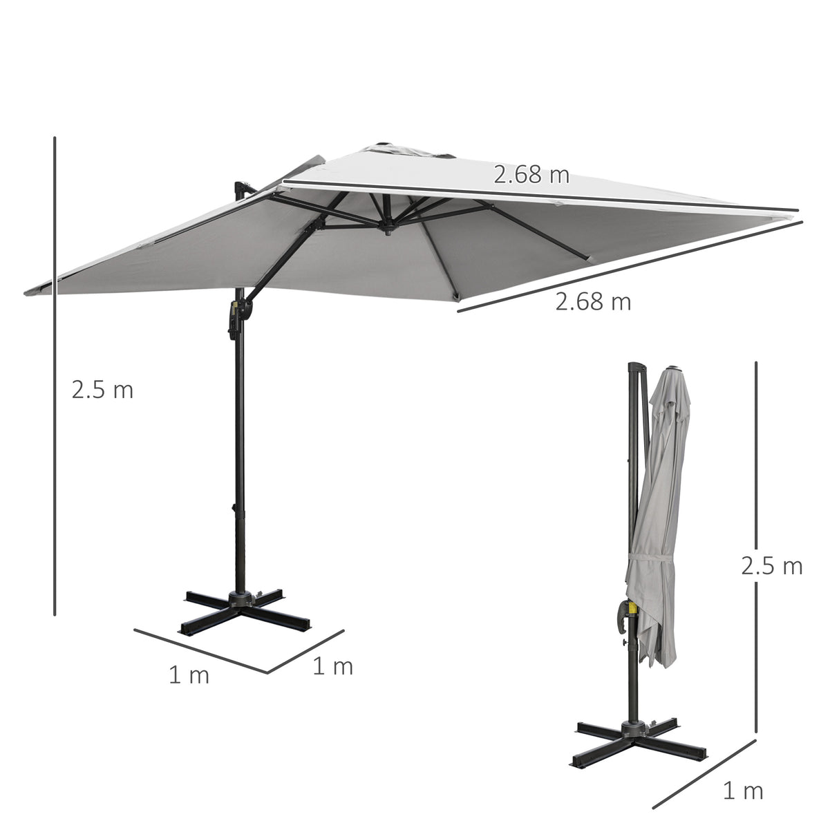 Outsunny 2.7 x 2.7 m Cantilever Parasol, Square Overhanging Umbrella with Cross Base, Crank Handle, Tilt, 360 Rotation and Aluminium Frame, Grey