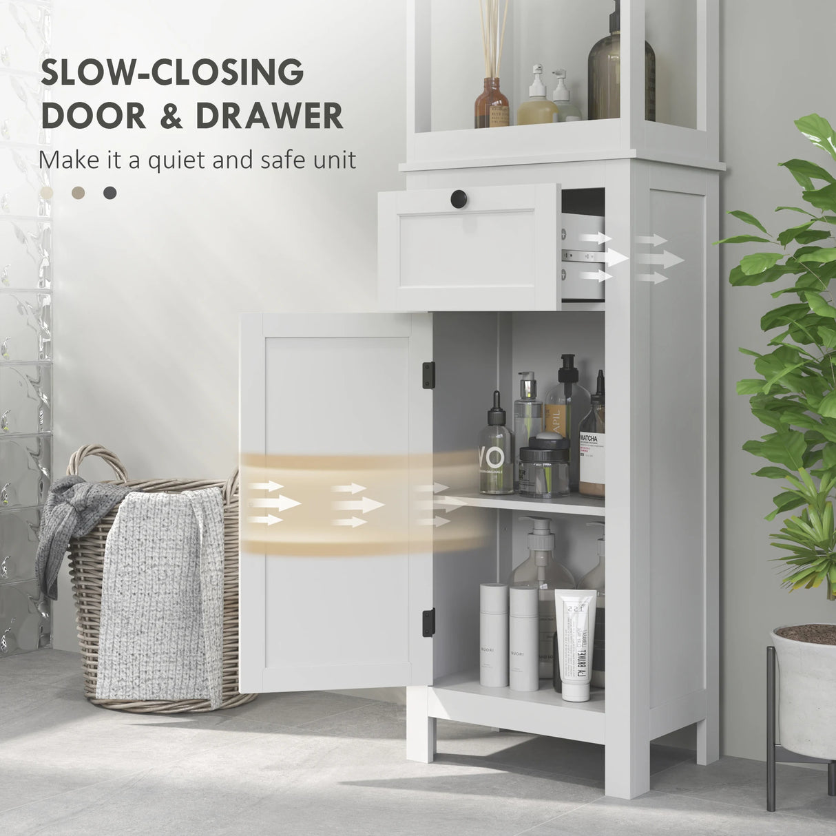 HOMCOM Tall Bathroom Cabinet, Slim Bathroom Storage Cabinet with 2 Open Shelves, Soft Close Door and Drawer, Adjustable Shelf, Narrow Cupboard Storage Unit, White