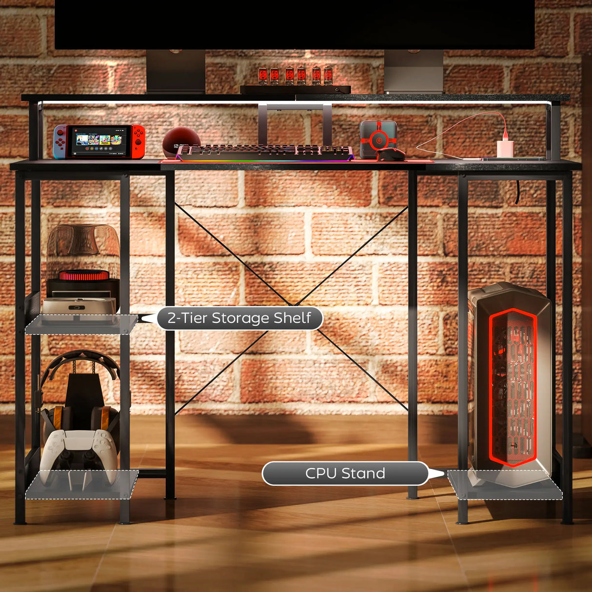 HOMCOM LED Computer Desk, with Power Outlets and Shelves - Black