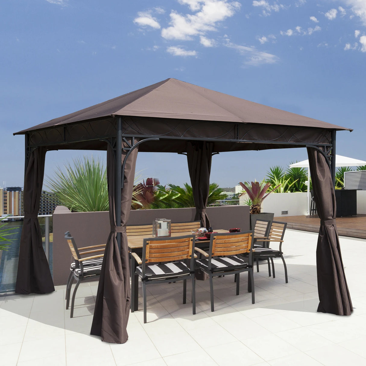 Outsunny 3 x 3(m) Garden Gazebo, Outdoor Gazebo Canopy Shelter with Curtains and Steel Frame for Lawn, Yard and Deck, Coffee