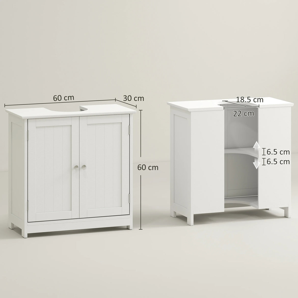 kleankin 60x60cm Under-Sink Storage Cabinet w/ Adjustable Shelf Handles Drain Hole Bathroom Cabinet Space Saver Organizer White