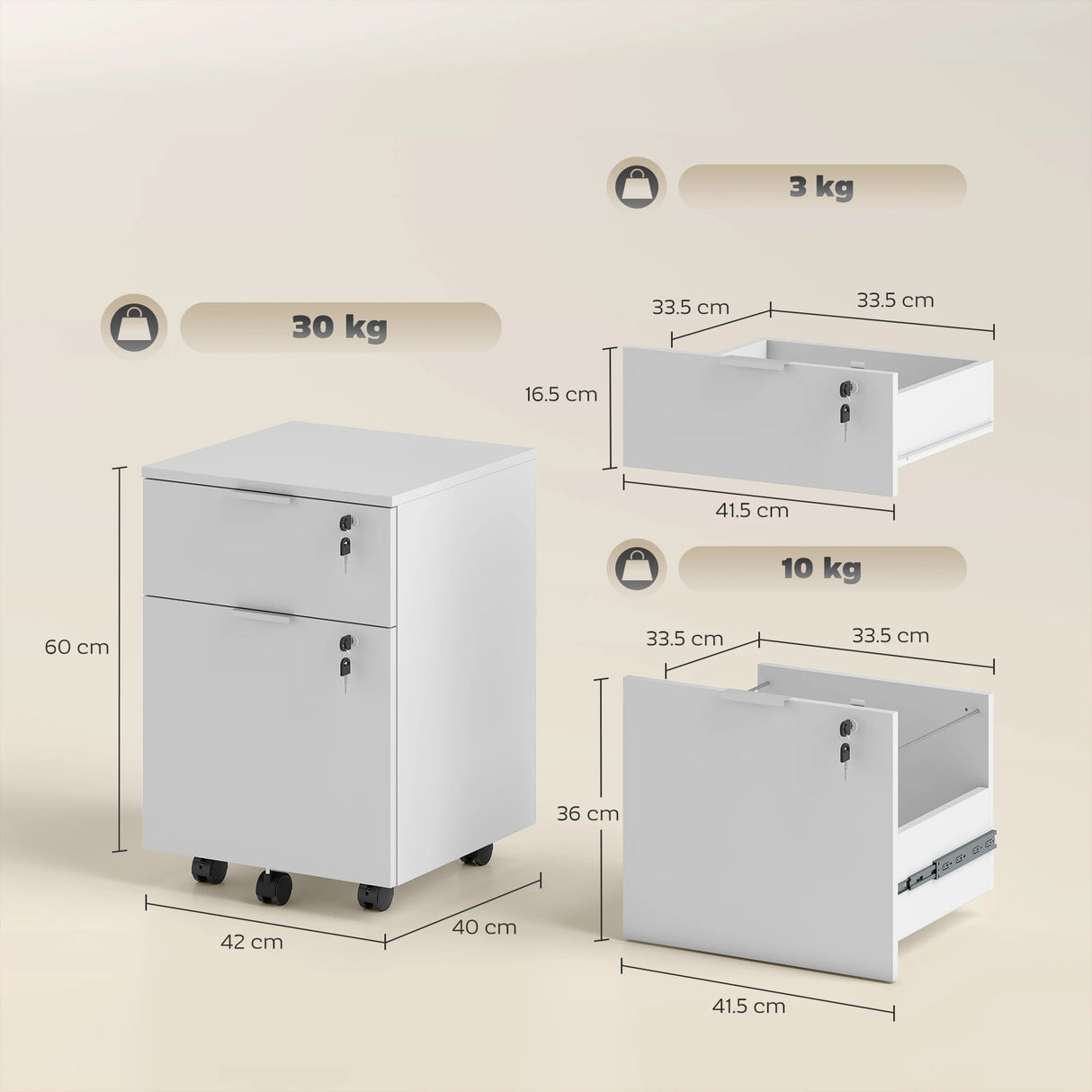 HOMCOM Two-Drawer Lockable Filing Cabinet - White