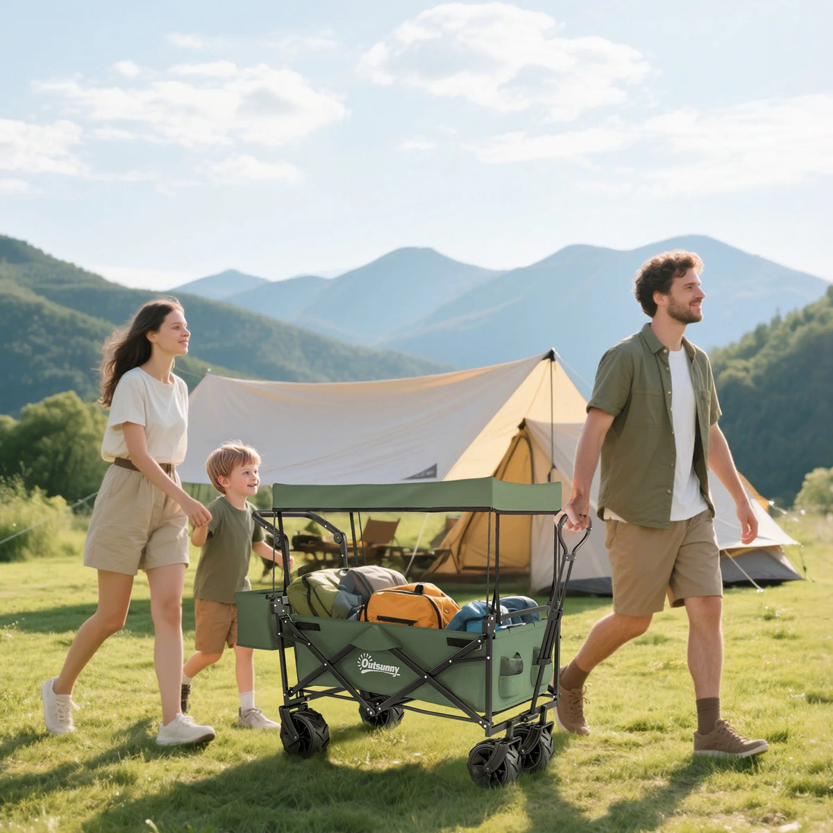Outsunny Folding Trolley Cart Storage Wagon Beach Trailer 4 Wheels with Handle Overhead Canopy Cart Push Pull for Camping, Green