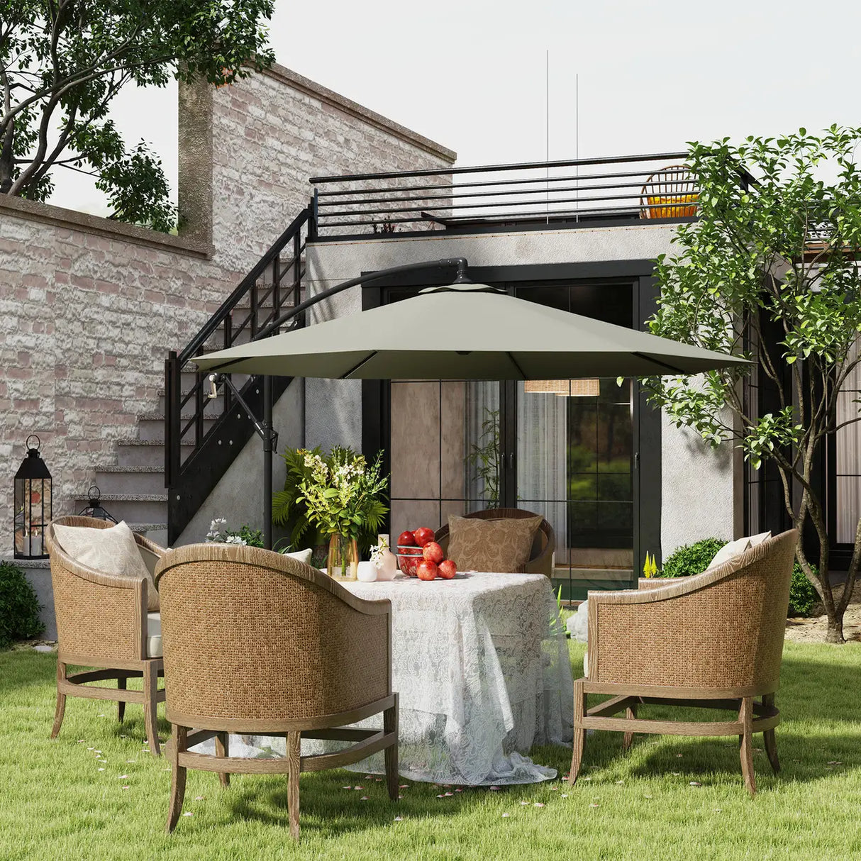 Outsunny 3m Overhanging Cantilever Parasol, with Cross Base - Light Grey