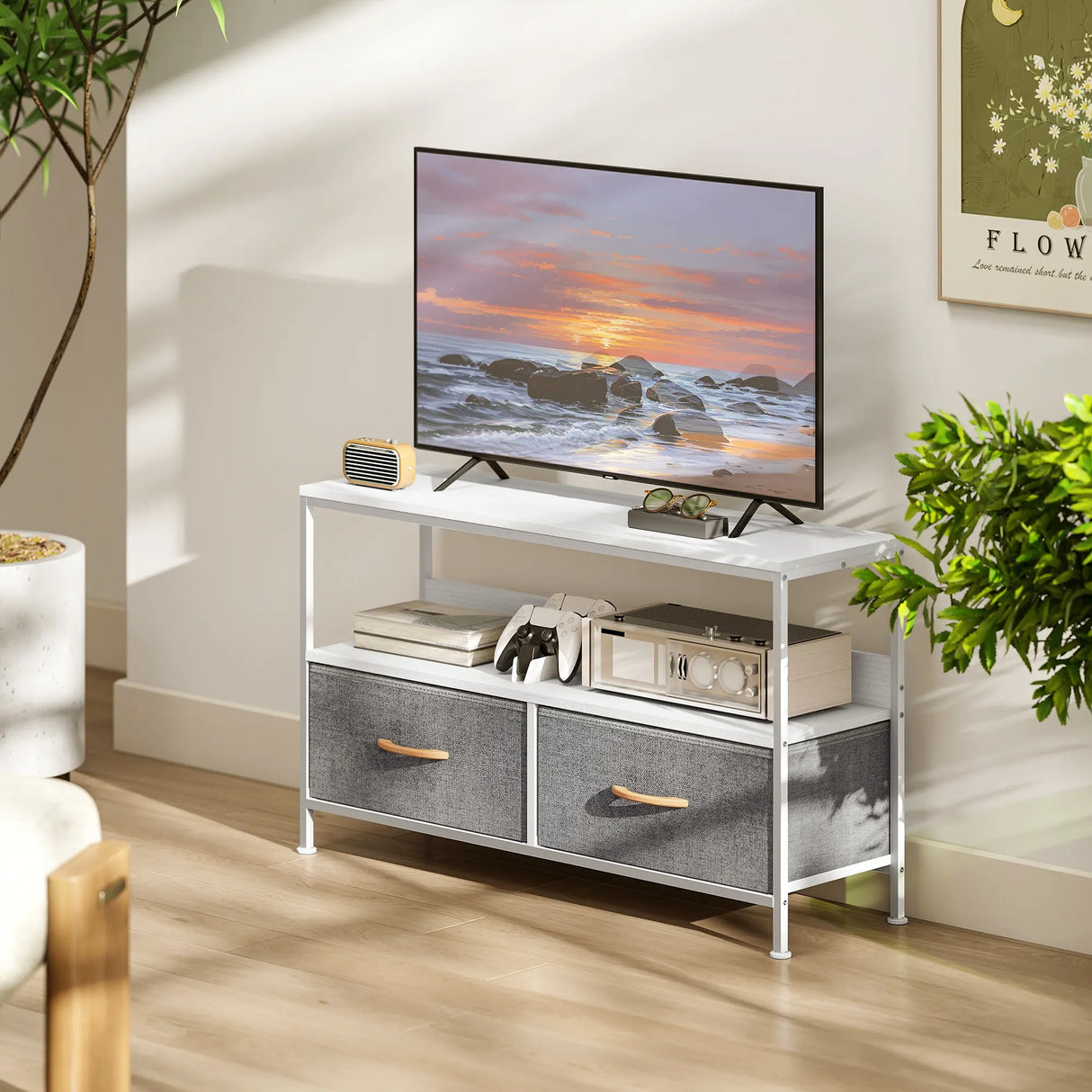 HOMCOM TV Stand Cabinet with 2 Foldable Drawers - White