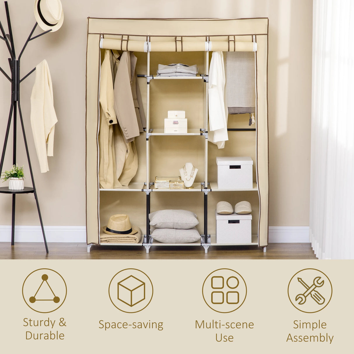 HOMCOM Fabric Wardrobe, with Rails and Shelves - Beige