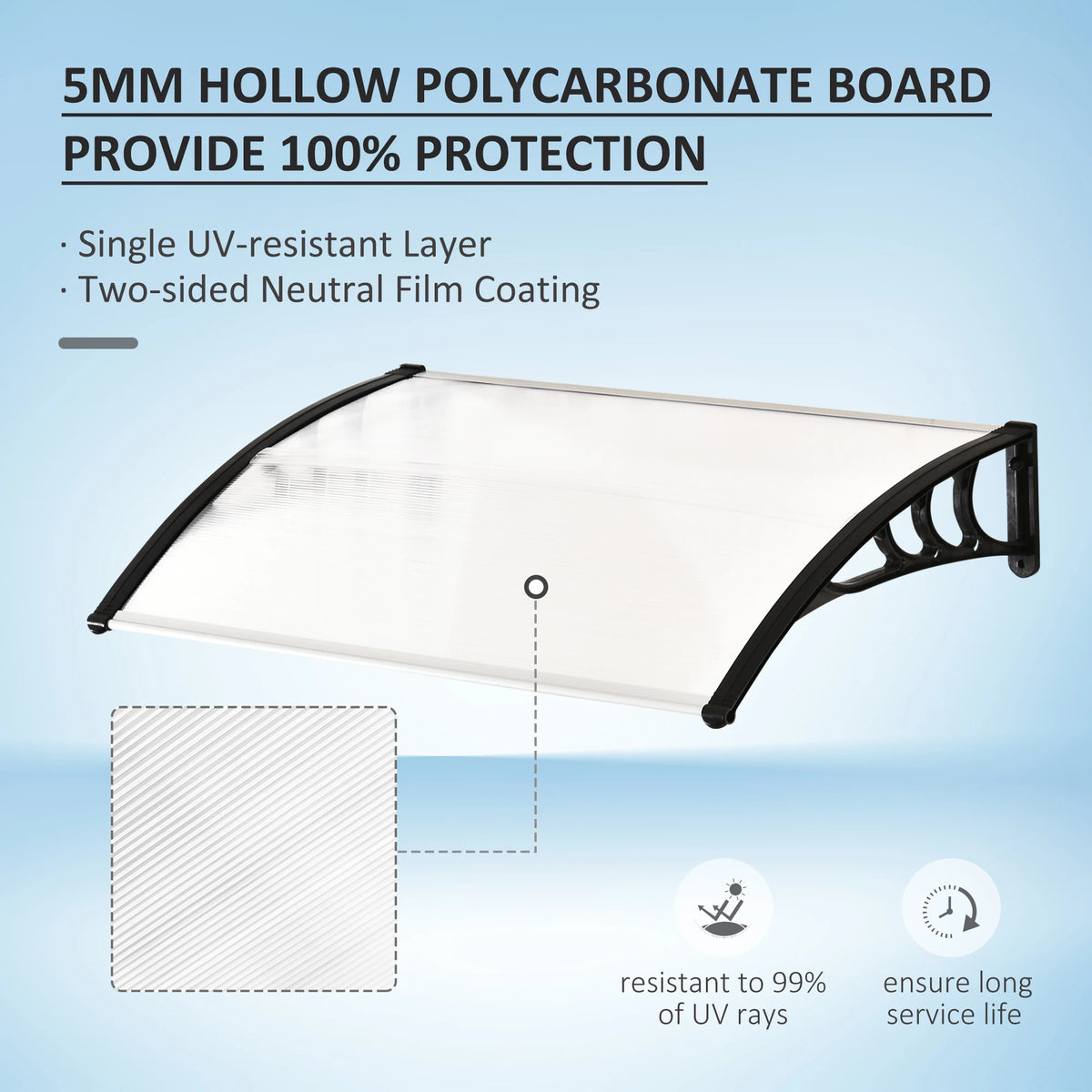 Outsunny Front Door Canopy Outdoor Awning Aluminium Rigid Plastic Polycarbonate Rain Shelter UV Water Rain Resistant 120 x 75cm White