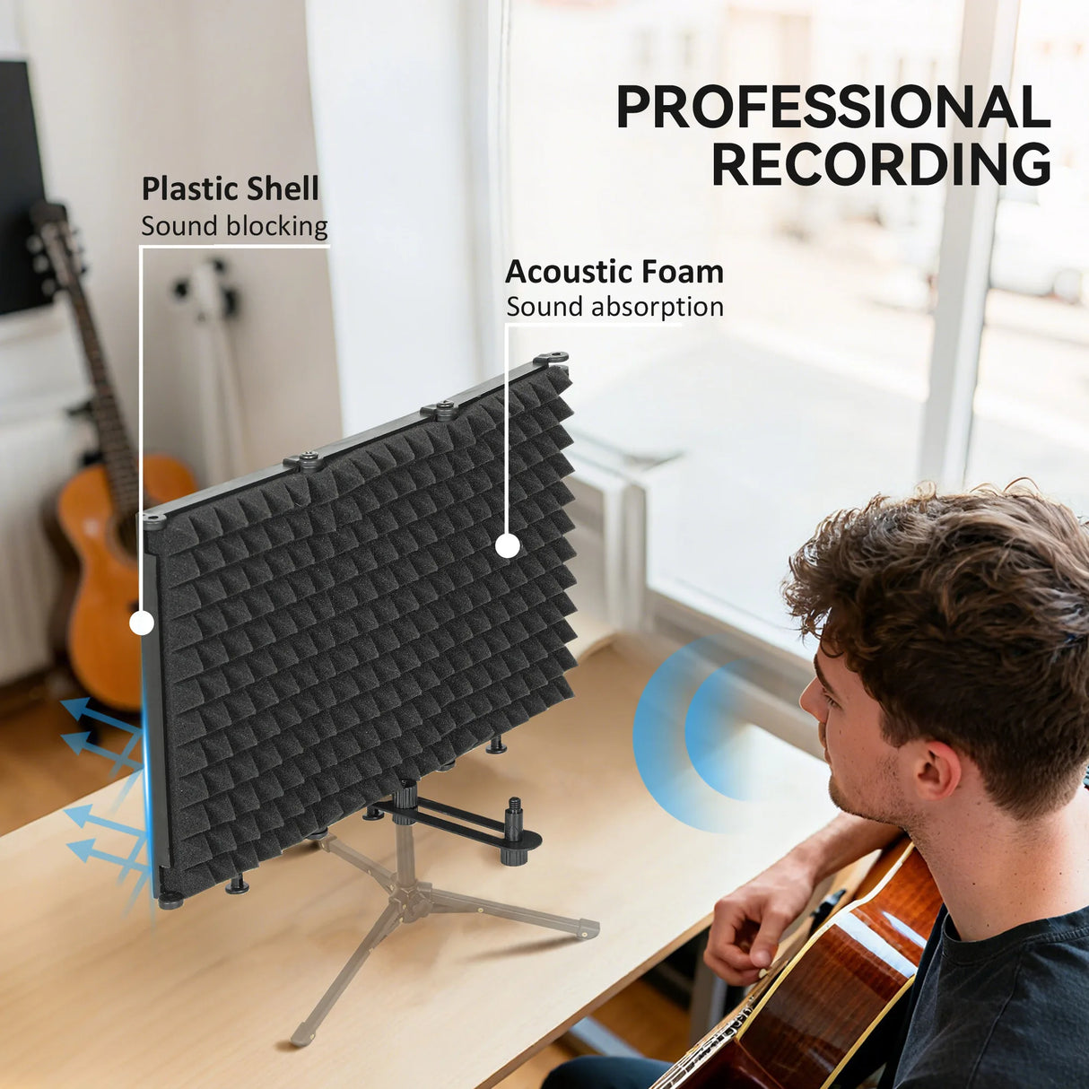 HOMCOM Studio Microphone Isolation Shield, Foldable Adjustable Recording Studio Equipment, 3-Panel High Density Absorbent Foam Shield with 3/8" Threaded Mount, Black