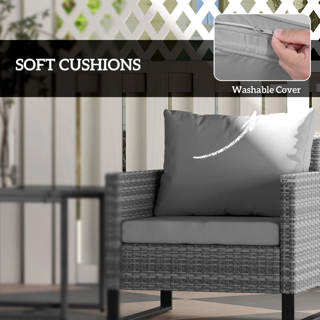 Outsunny 3 Pieces Rattan Bistro Set with 4 Cushions, Wicker Garden Furniture Set, Glass Top Coffee Table and Chairs for Outdoor Patio, Balcony, Terrace and Conservatory, Grey