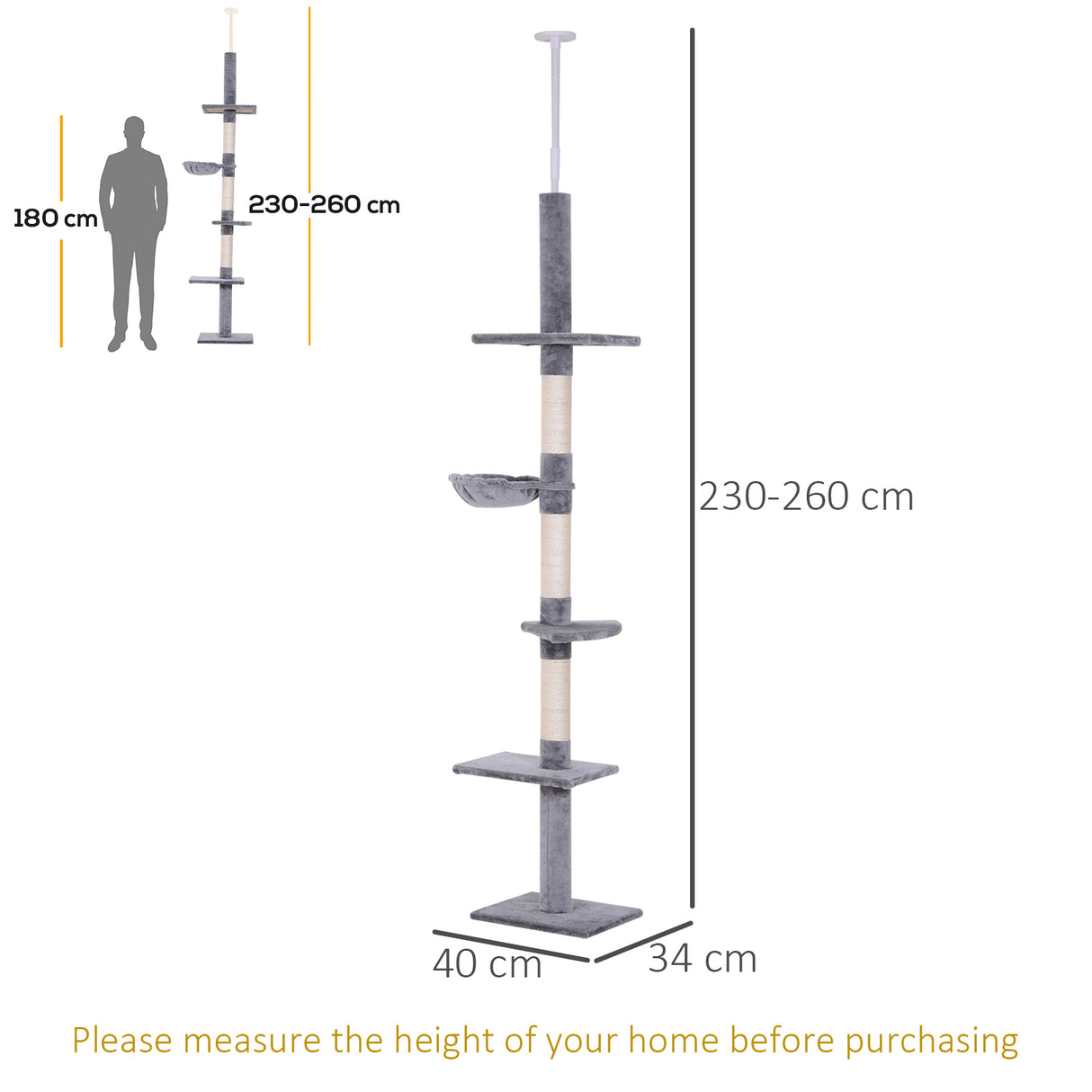 PawHut Floor to Ceiling Cat Tree Height Adjustable 230-260cm, 5-Tier Cat Tower with Scratching Post, Hammock, Perches, Climbing Activity Centre for Indoor Kittens, Grey