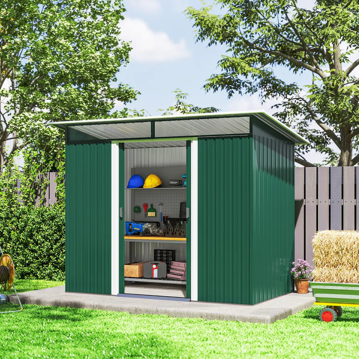 Outsunny 8.5 x 4ft Metal Shed with Lightsky Panels, Garden Storage Tool House with Double Doors for Garden, Patio and Lawn, Green