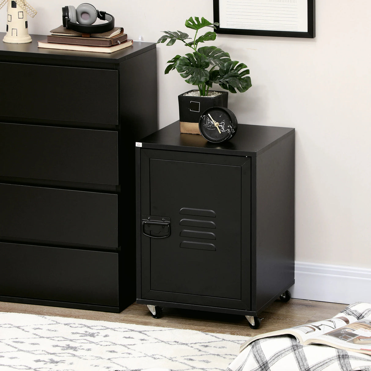 HOMCOM Rolling Metal Storage Locker Cabinet, Industrial Mobile Lockable Cabinet with Adjustable Shelf and Wheels for Home Office Living Room, Black