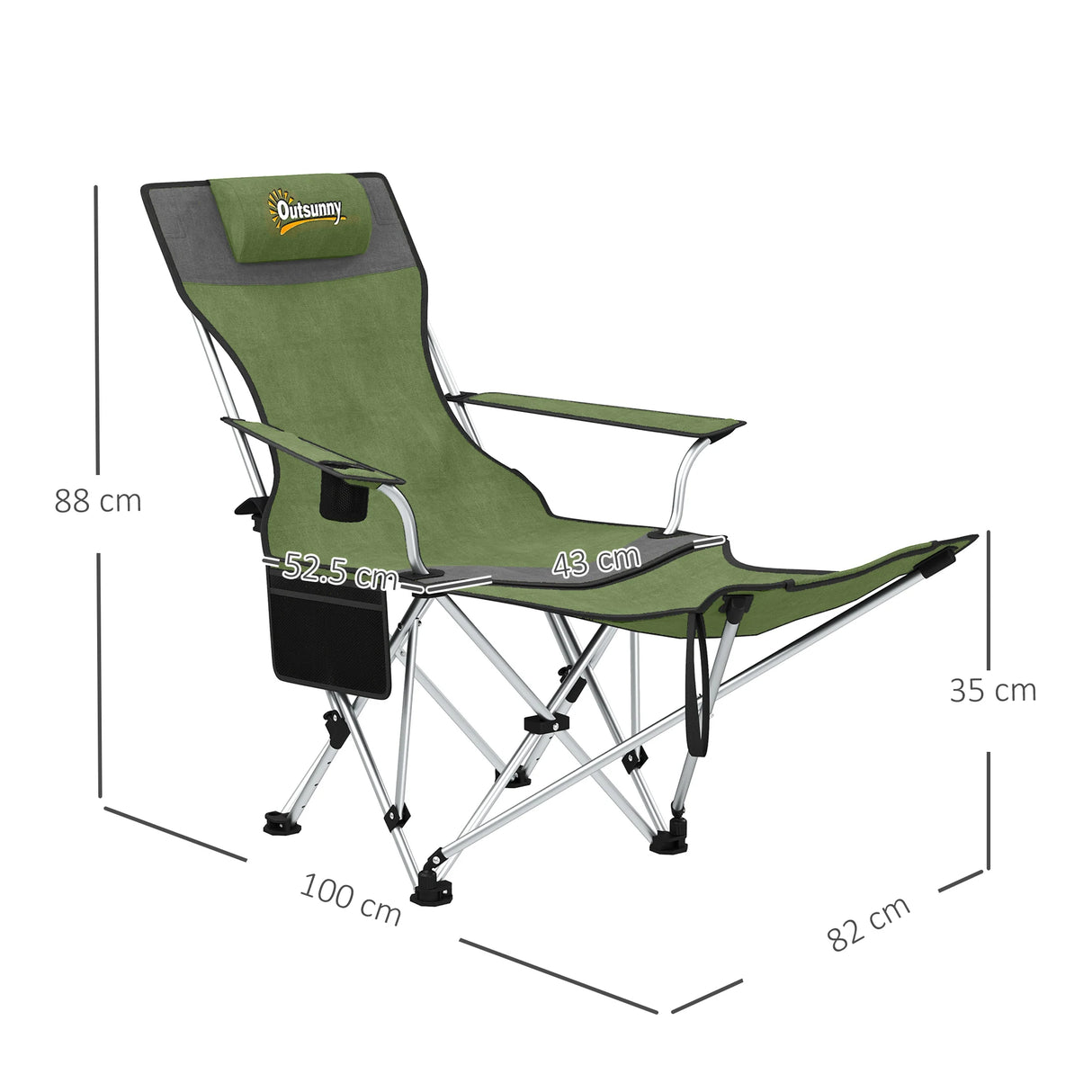 Outsunny Set of 2 Reclining Folding Camping Chair w/ Detachable Footrest, Storage Bag, Cup Holder & Headrest, Lightweight Portable Camp Chair for Beach, Picnic, Olive Green and Grey