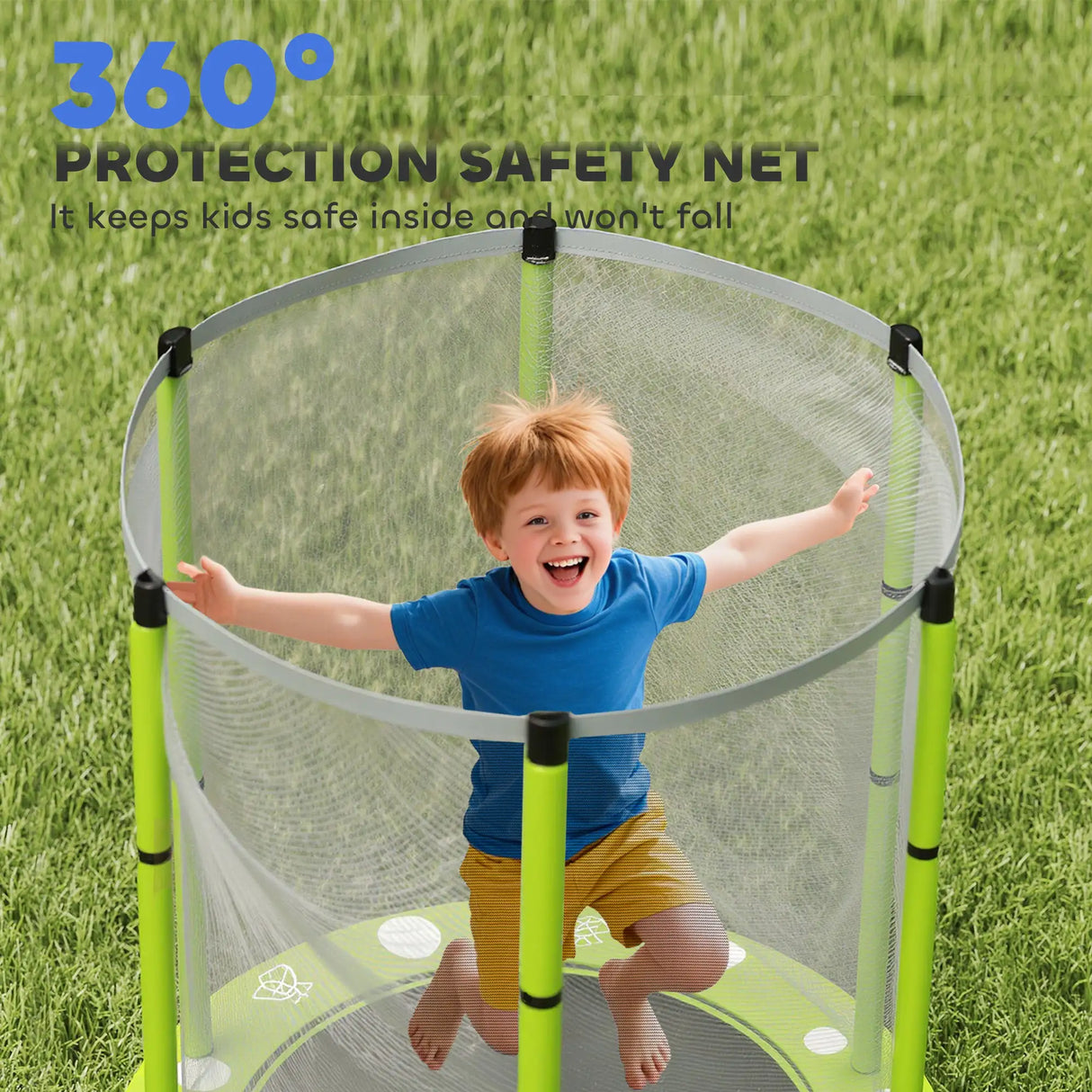 AIYAPLAY 4.6ft Toddler Trampoline w/ Safety Enclosure Net, for Indoor Outdoor Use, Ages 3-6 Years, Green