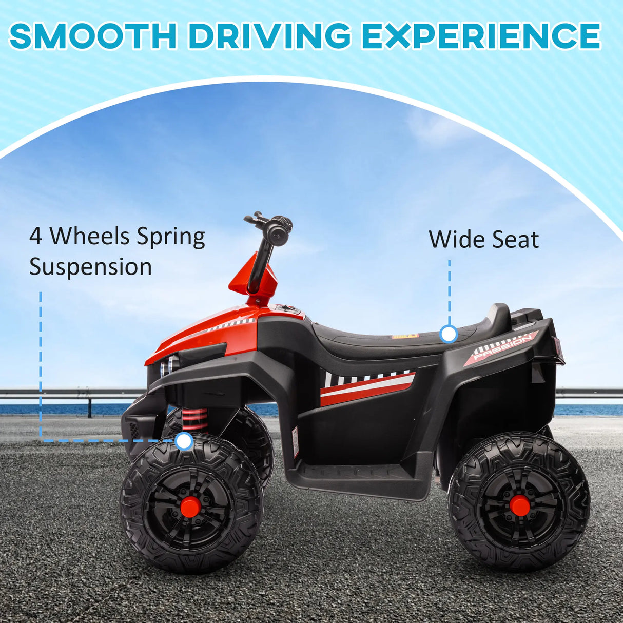 AIYAPLAY 12V Kids Electric Quad Bike w/ Spring Suspension System, Forward, Backward, LED Light, Music, MP3, Red