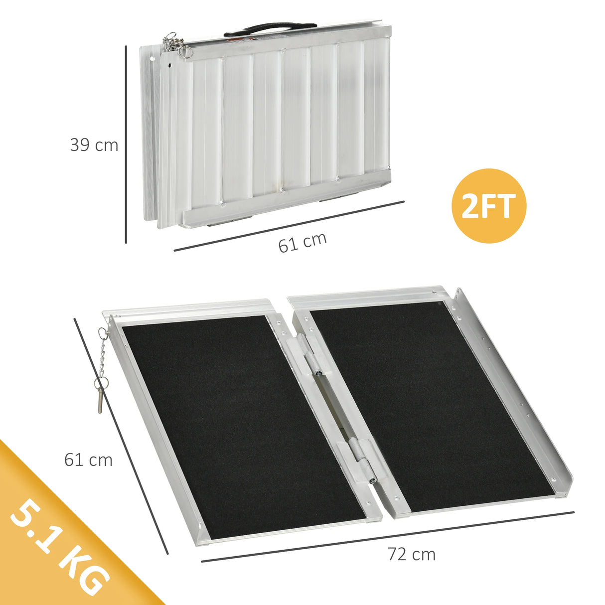 HOMCOM 2ft Aluminium Duo Wheelchair Ramp Pushchair Mobility Assistance Folding w/ Carry Handle Locking Chain Portable 61L x 72W cm