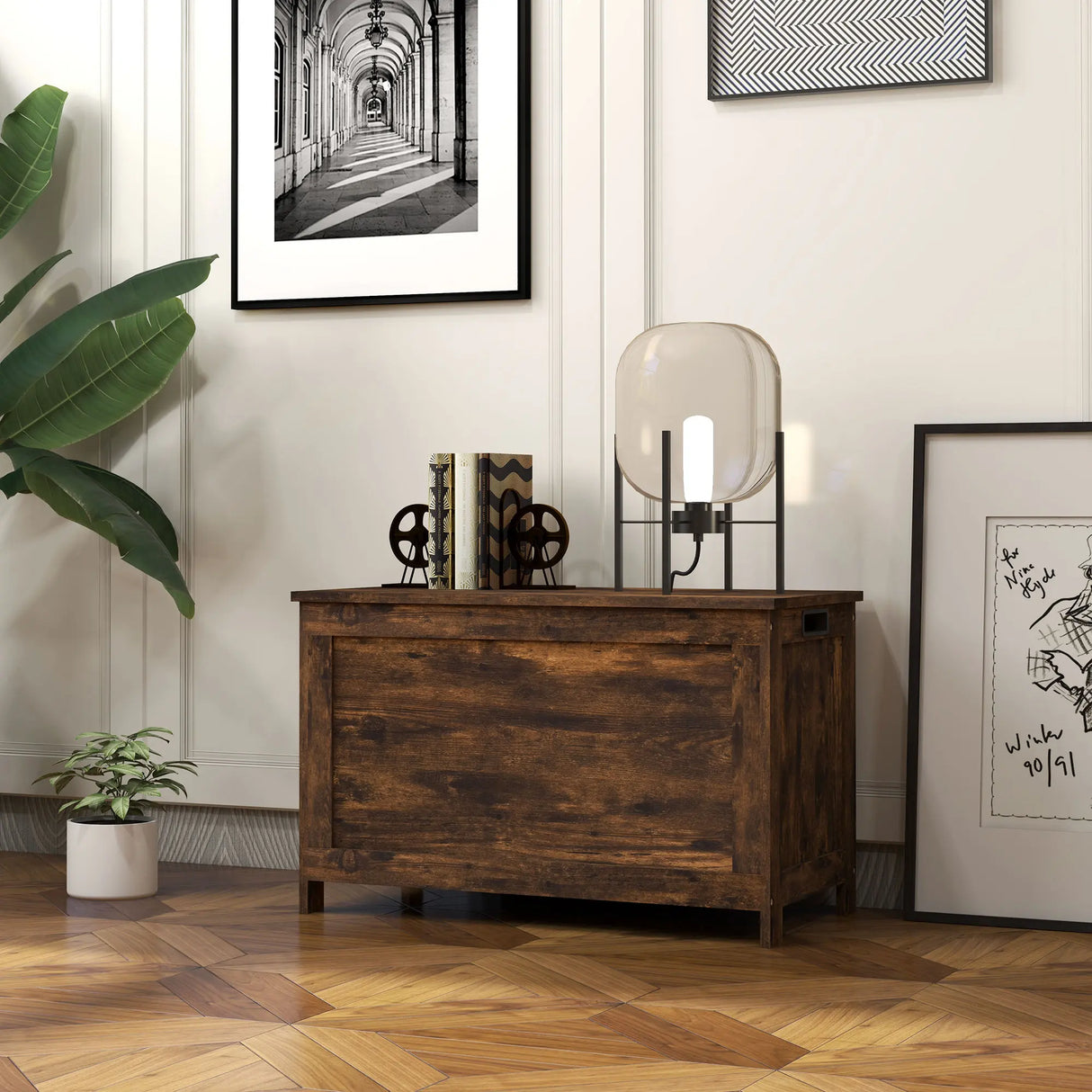 HOMCOM Storage Chest, Modern Storage Trunk with 2 Safety Hinges and Cut-out Handles, Wooden Toy Box for Living Room, Entryway, 76 x 40 x 48 cm, Rustic Brown