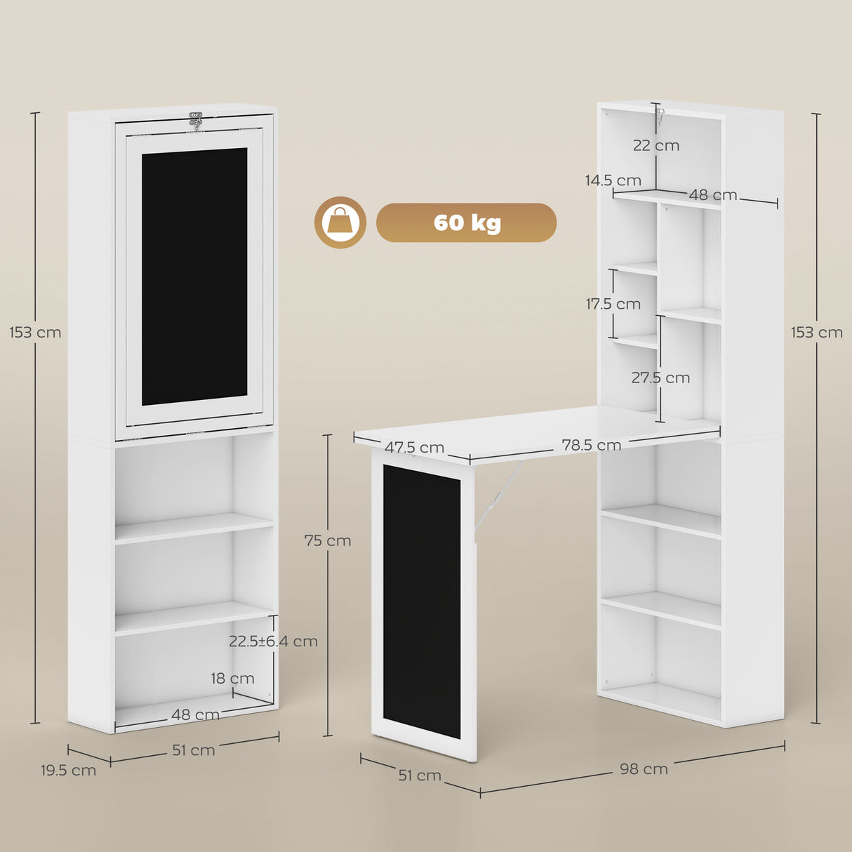 HOMCOM Wall Mounted Computer Desk, Folding Study Table with Black Board and Bookshelf, Multifunctional Floating Writing Desk for Home Office, White
