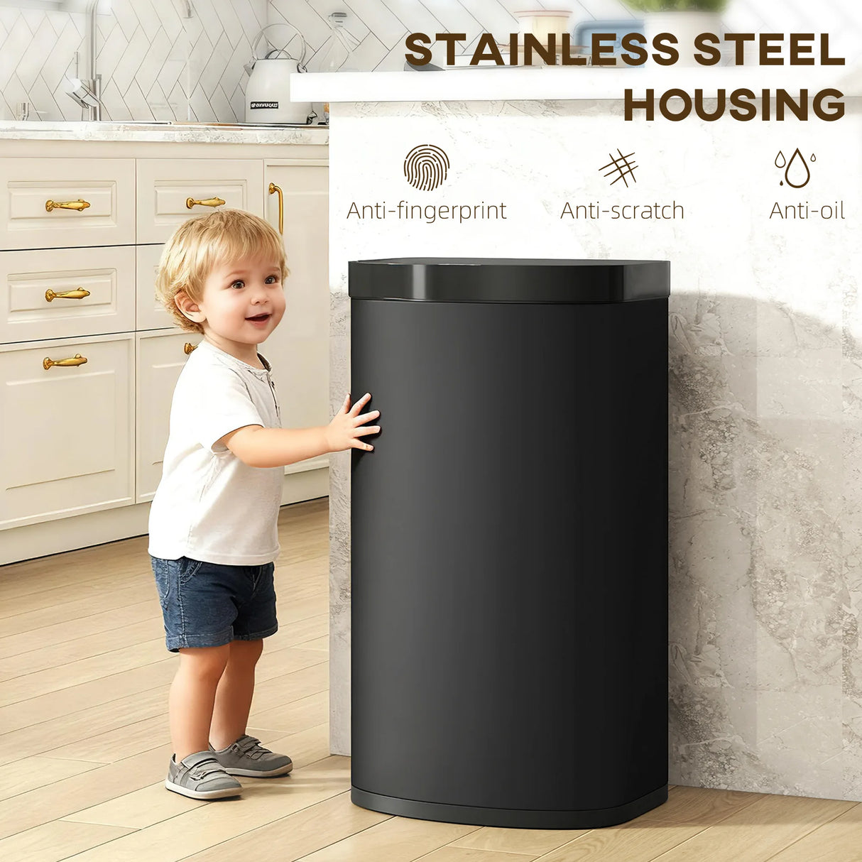 HOMCOM 55L Sensor Bin with Soft-Close Lid, Automatic Touchless Motion Sensor Kitchen Bin with Fingerprint Resistant Stainless Steel for Hygienic Gyms, Home Office Use, Black