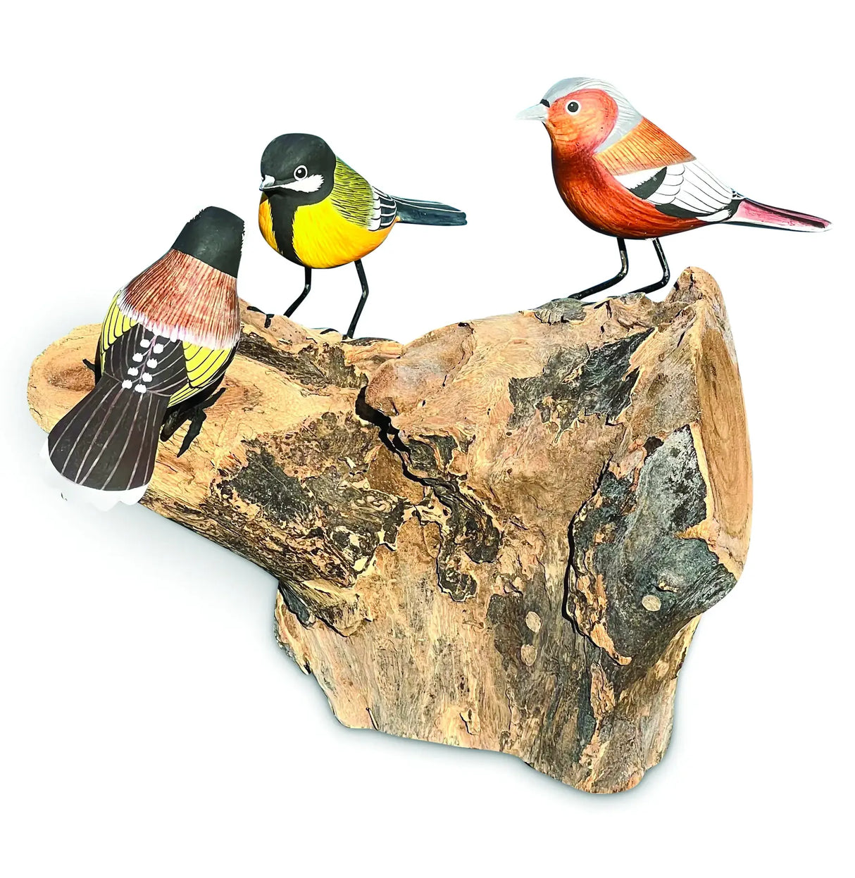 3 HANDCARVED, HANDPAINTED BIRDS ON DRIFTWOOD