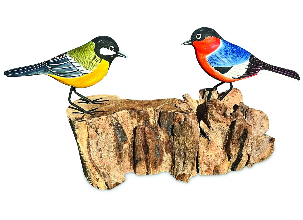 2 HANDCARVED, HANDPAINTED BIRDS ON DRIFTWOOD