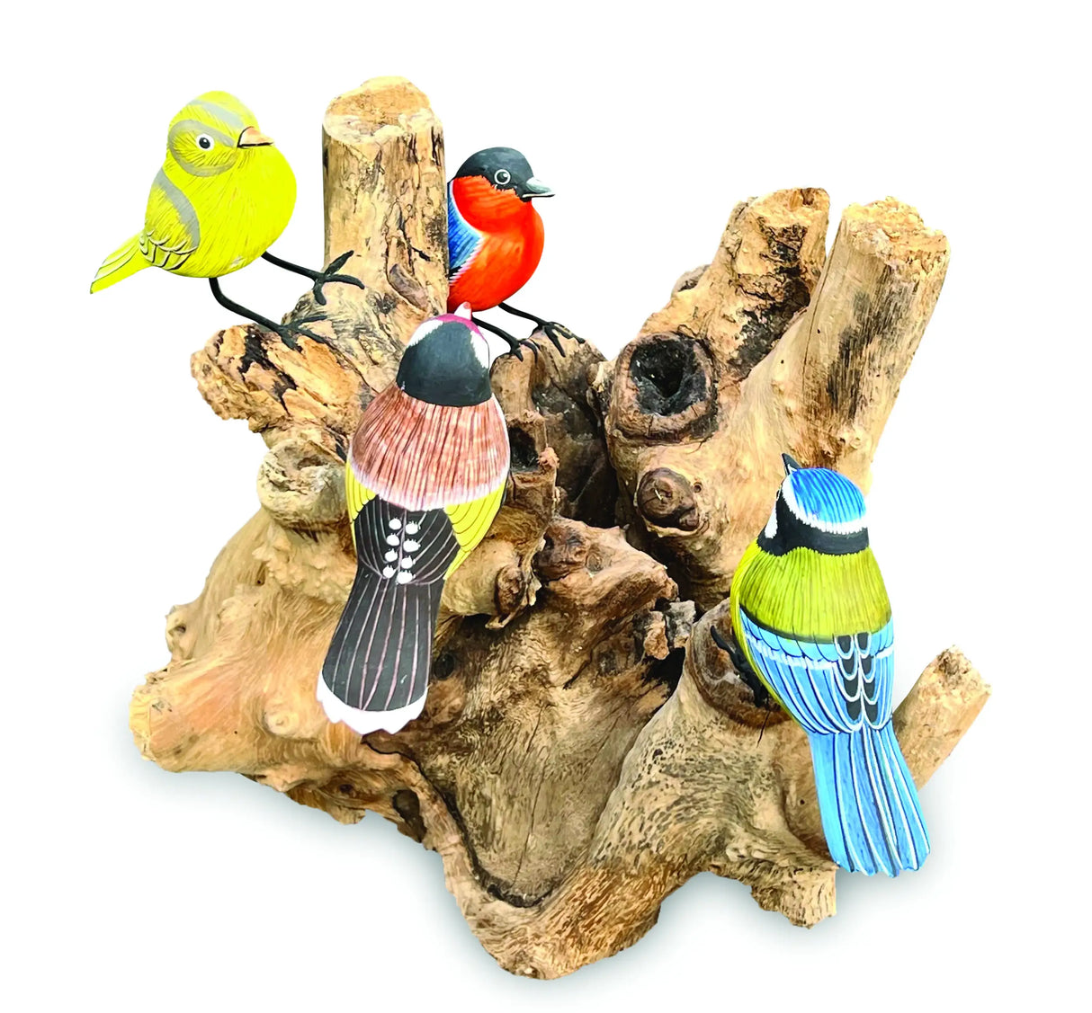 4 HANDCARVED, HANDPAINTED BIRDS ON DRIFTWOOD
