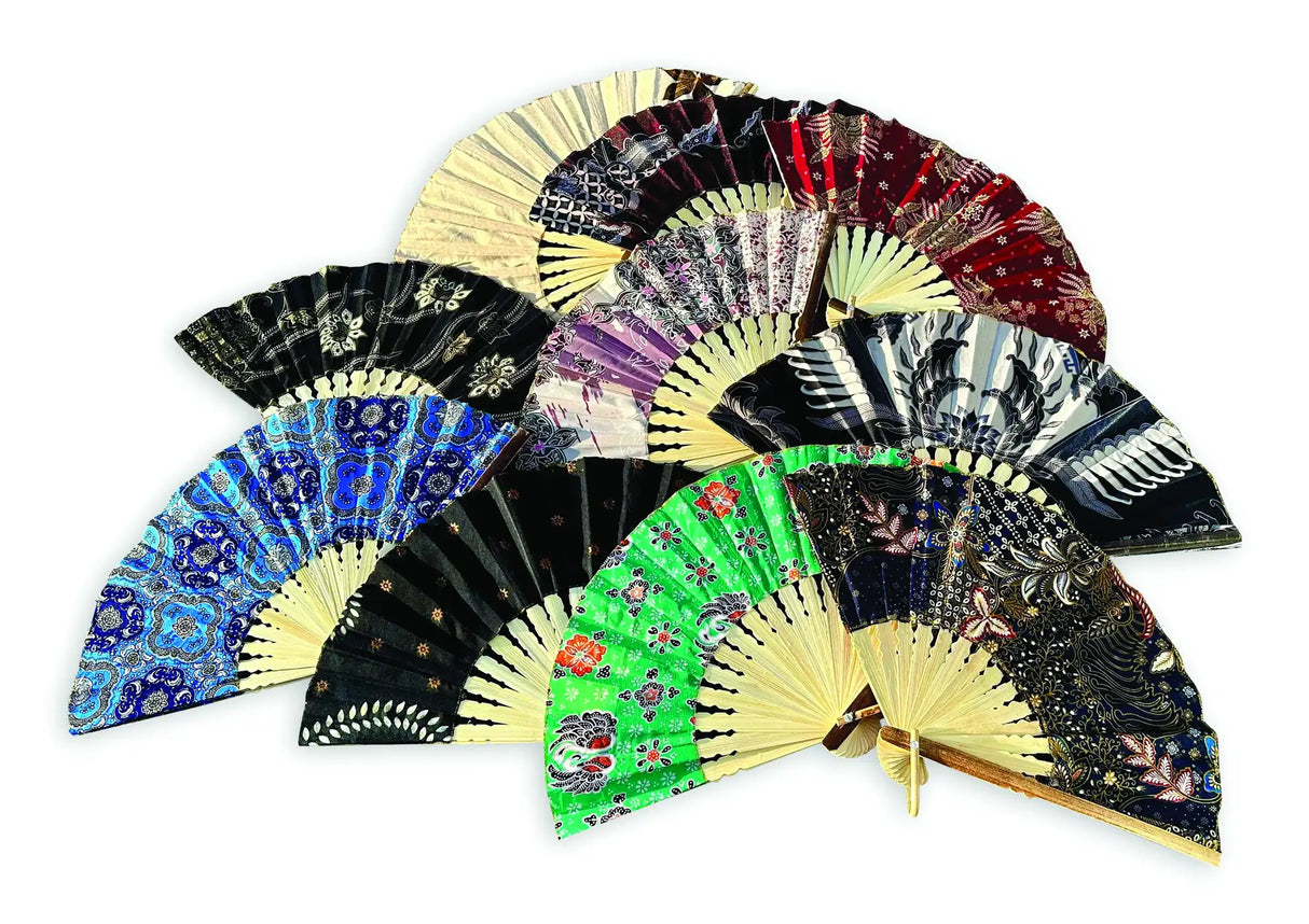 BALI BATIK FABRIC FOLDING FANS 30CM (PACK OF 10 MIXED COLOURS)